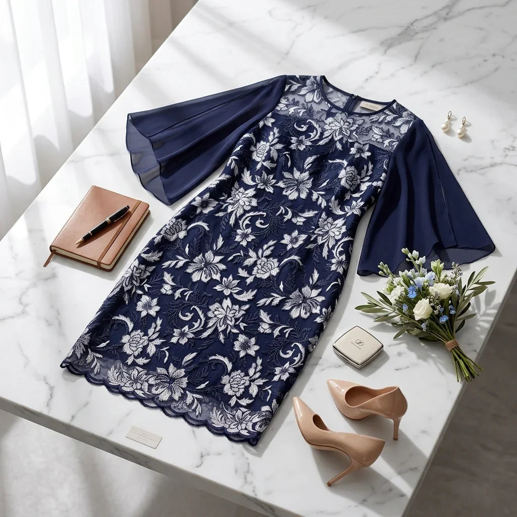 Vestido Midi Diana™ com Floral Branco e Manga Estilo Capa Translúcida