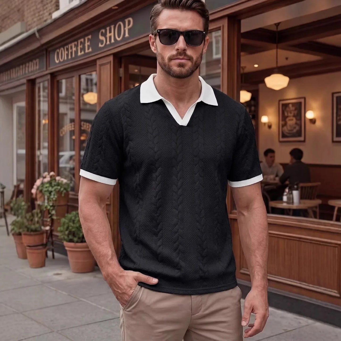 Polo Windsor™ Em Malha Texturizada Com Gola Contrastante