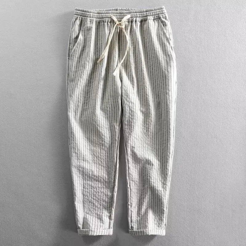 Calça Laurent™ em Linho de Algodão com Listrado Elegante
