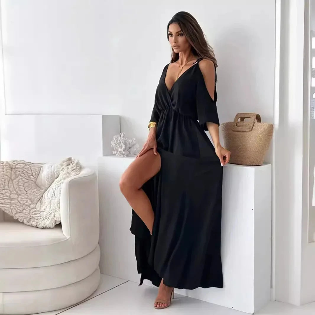 Vestido Sahara™ em Viscose Fluida com Ombros Vazados / Sensualidade, Mistério, Calor e Estilo Atemporal!