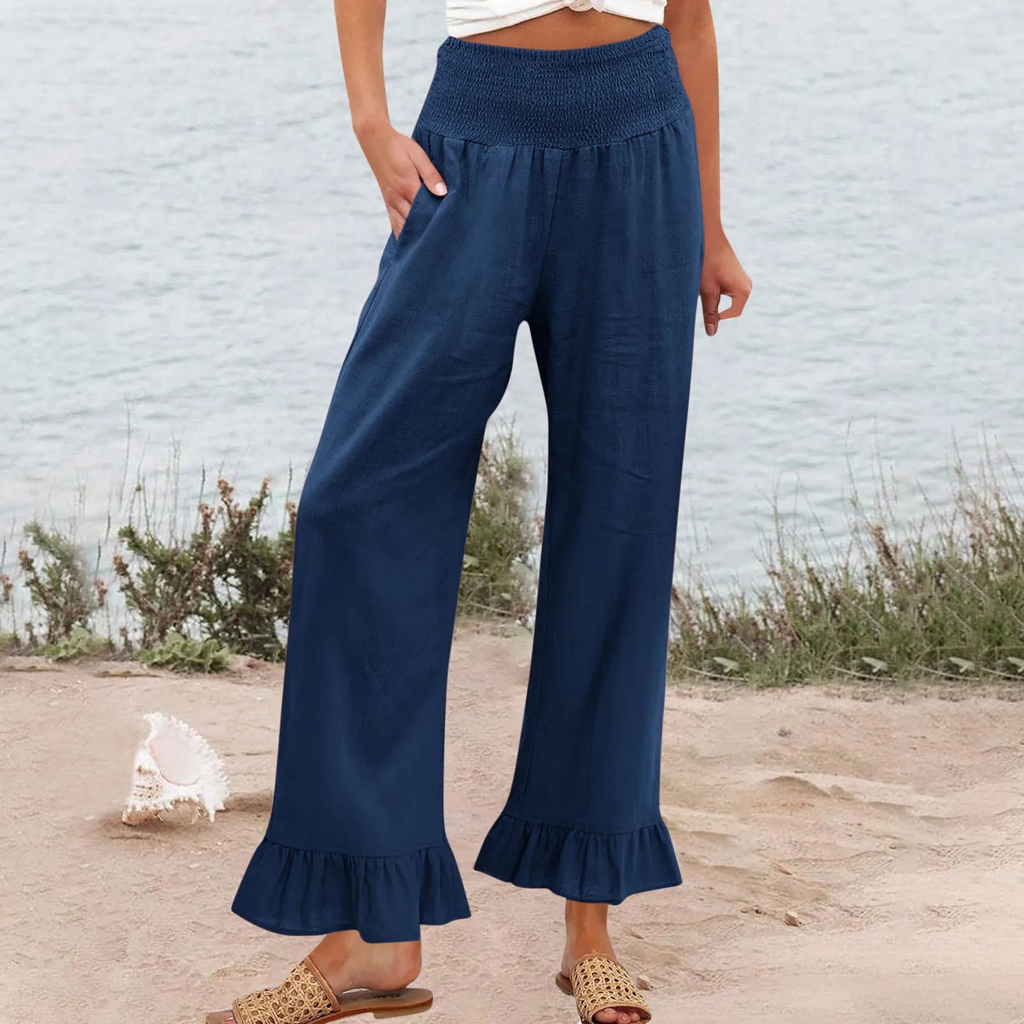 Calça Amaris™ em Linho com Algodão, Cintura Alta Modeladora e Babados Delicados