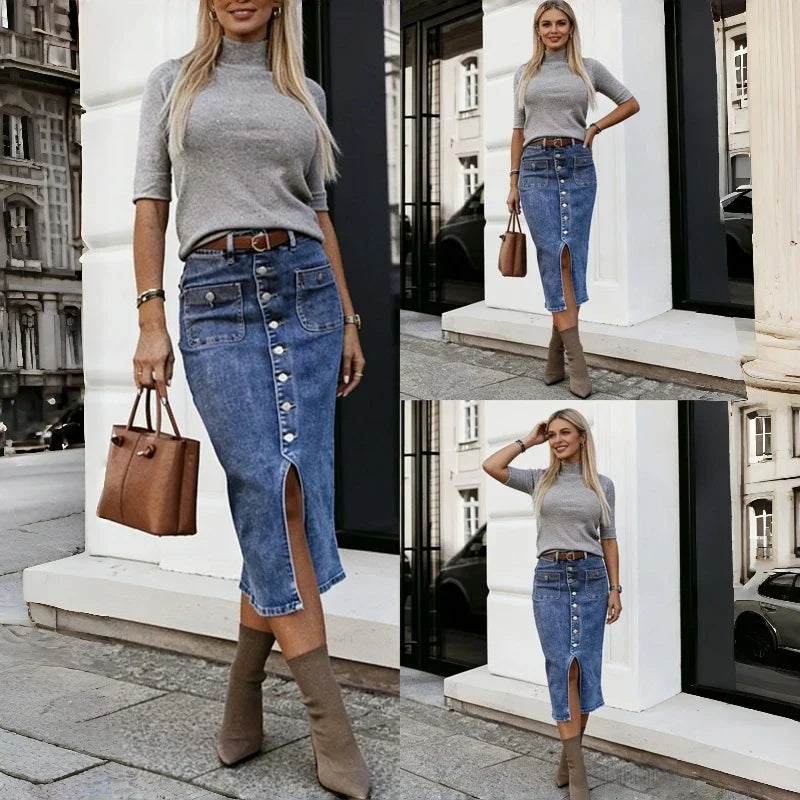 Saia Belmira™ em Jeans Premium com Botões Frontais e Fenda Elegante