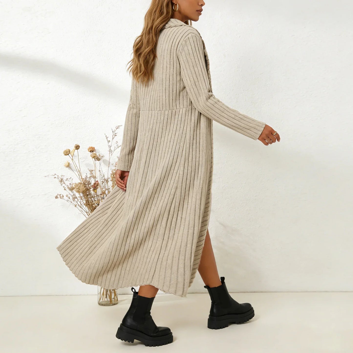 Conjunto Aurenza™ Com Vestido Xadrez e Cardigã Longo Em Tricô