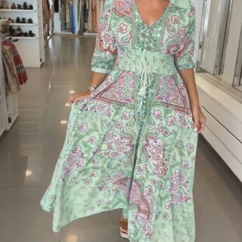 Vestido Longo Aisha™ em Viscose Premium com Decote V