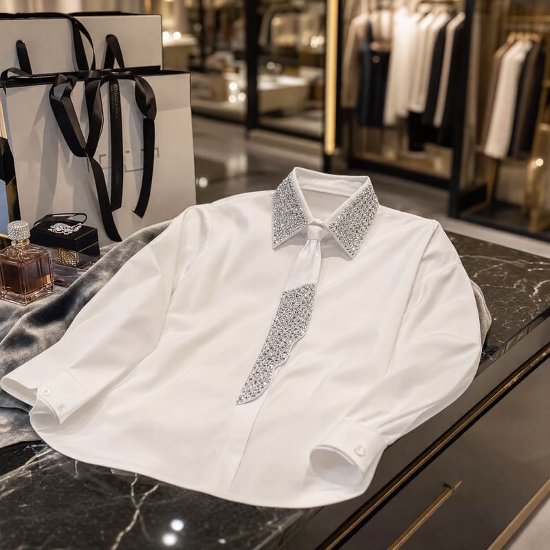 Camisa Louise™ Manga Longa com Gola Gravata Detalhada em Pedrarias Brilhantes