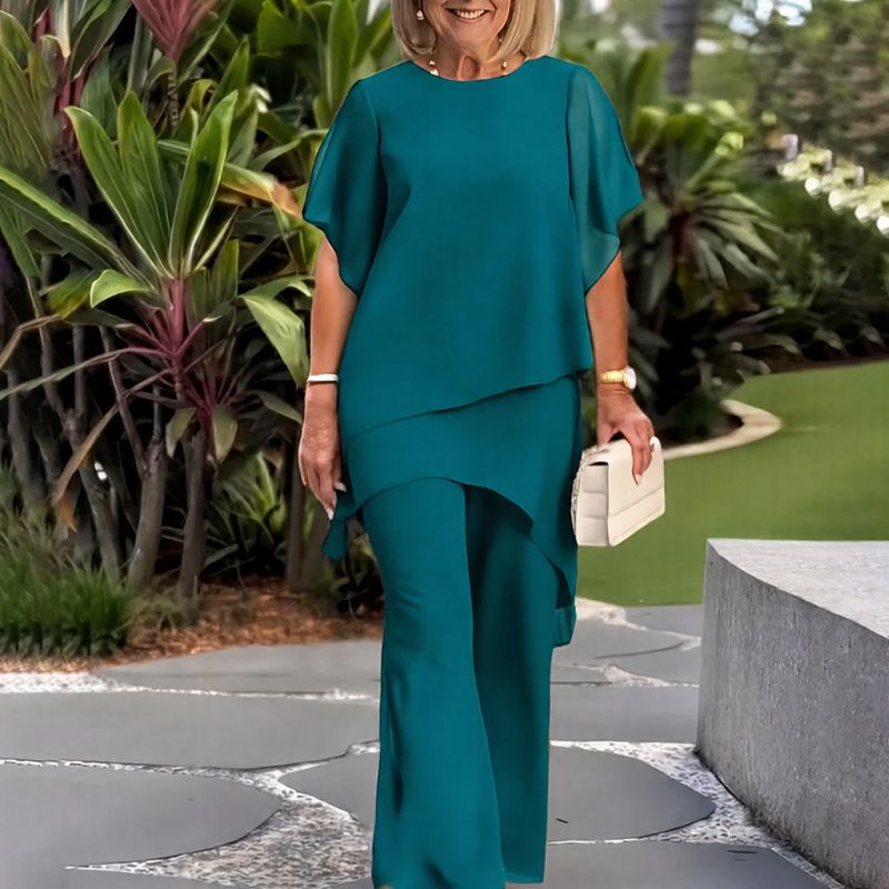 Conjunto Giorgia™ Blusa com Sobreposição em Camadas e Calça Minimalista
