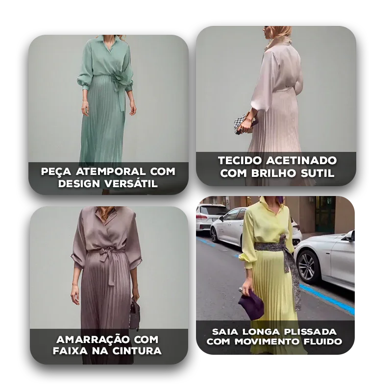 Vestido Lorayne™ em Cetim Plissado e Gola Chemise / Para Mulheres que Encantam com Sofisticação!