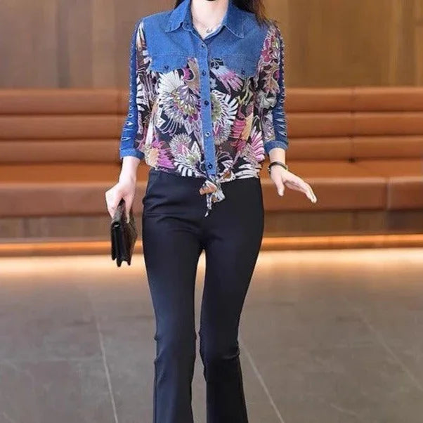 Camisa Jeans Retro Isabella™ com Estampas Estilo Barroco / Charme, Beleza e Conforto Para Deixa Qualquer Mulher Apaixonada!