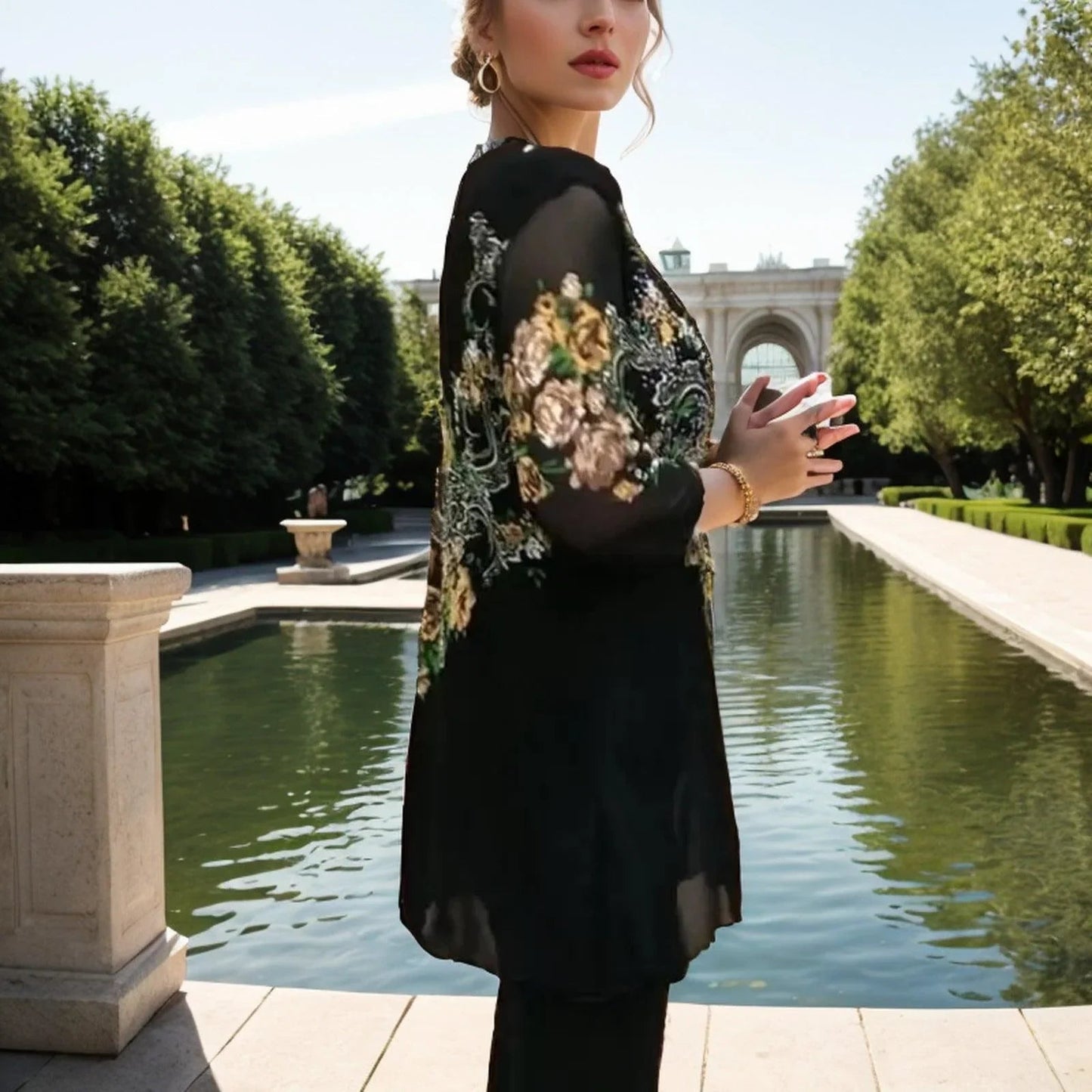 Blusa Giardino Dupla Camada em Chiffon Premium™ / Delicadeza das Mangas Translúcidas e Bordado Sofisticado!