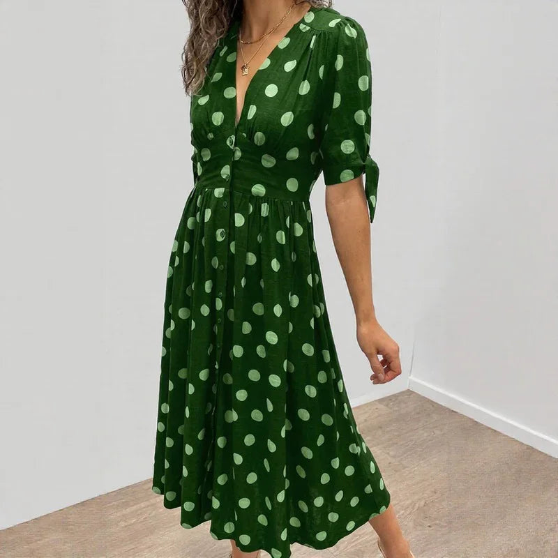 Vestido Estella™ com Estampa Poá e Mangas de Amarração