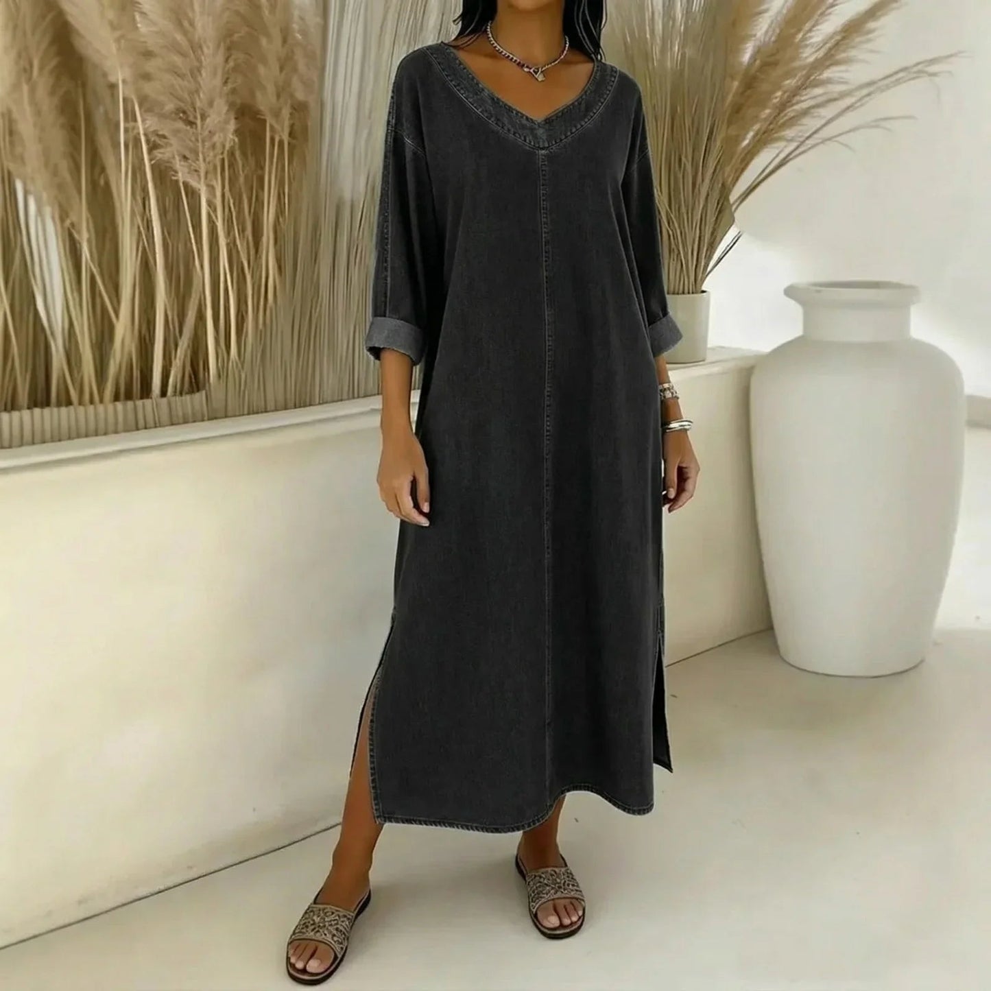 Vestido Santorini™ com Fendas Laterais e Toque Rústico