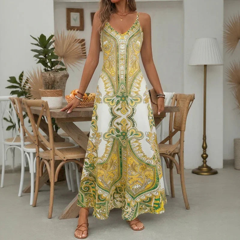 Vestido Aruba™ Longo com Estampa Ornamental e Alças Finas