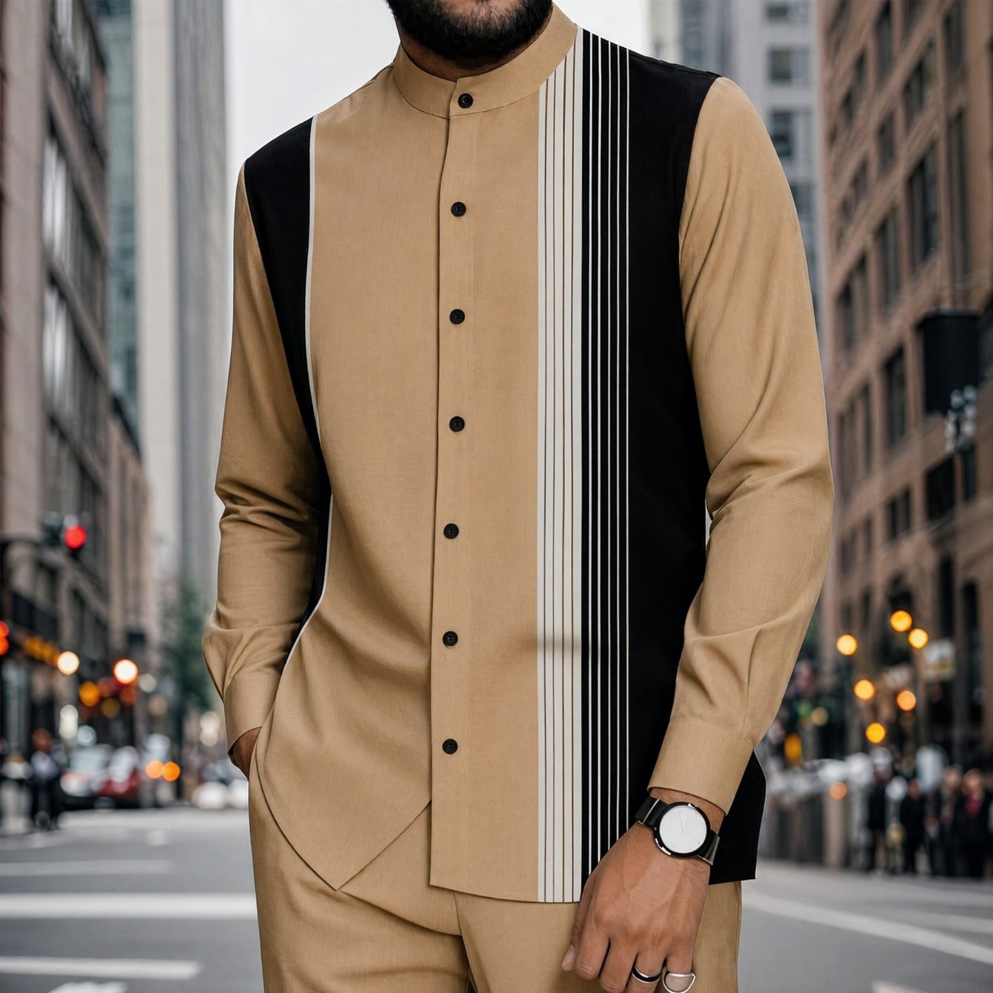 Conjunto Mumbai™ com Gola Mandarim e Detalhe Listrado Moderno