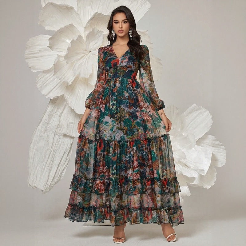 Vestido Orphélia™ com Estampa Artística Luxuosa e Camadas Fluídas