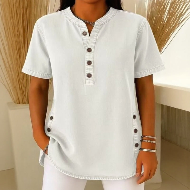 Blusa Jeans Calenny™ Com Acabamento Estonado e Caimento Soltinho