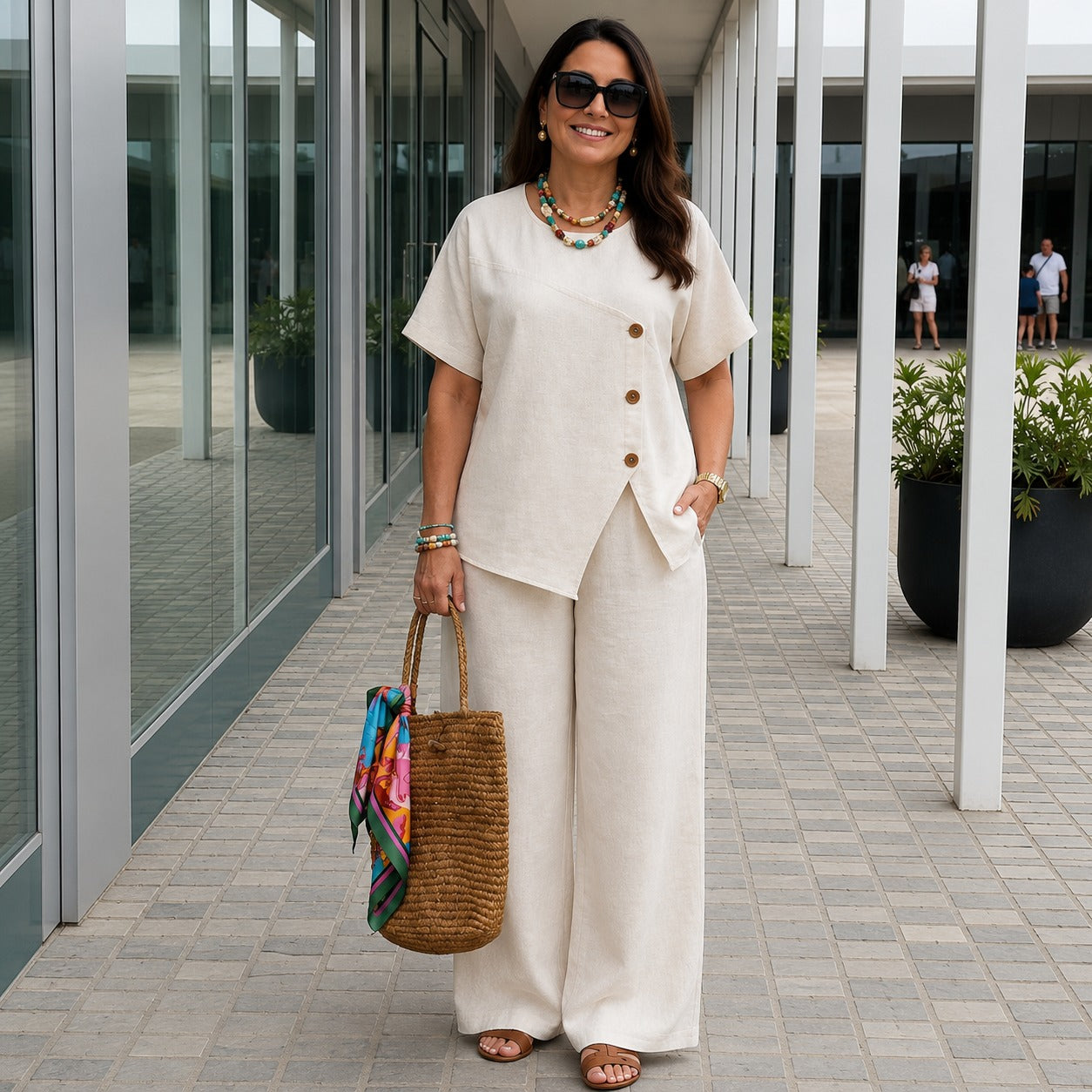 Conjunto Savena™ em Linho de Algodão com Blusa Assimétrica e Pantalona Fluida