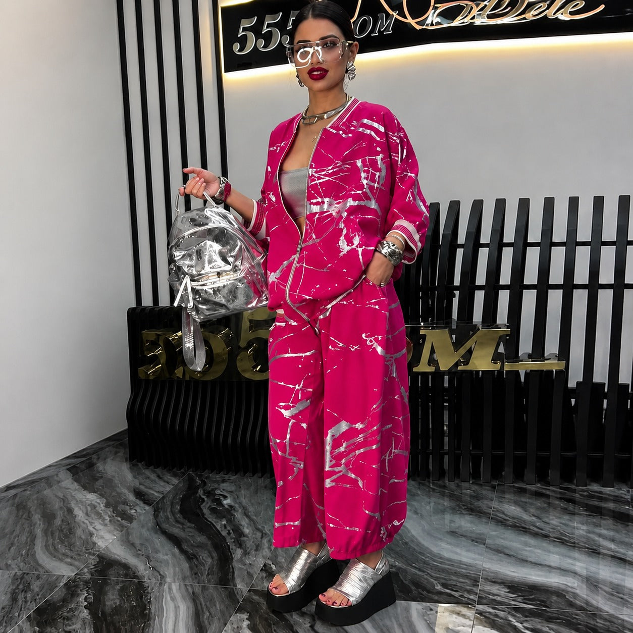 Conjunto Nayla™ com Jaqueta Bomber e Estampa Artística / Personalidade para Produções Modernas