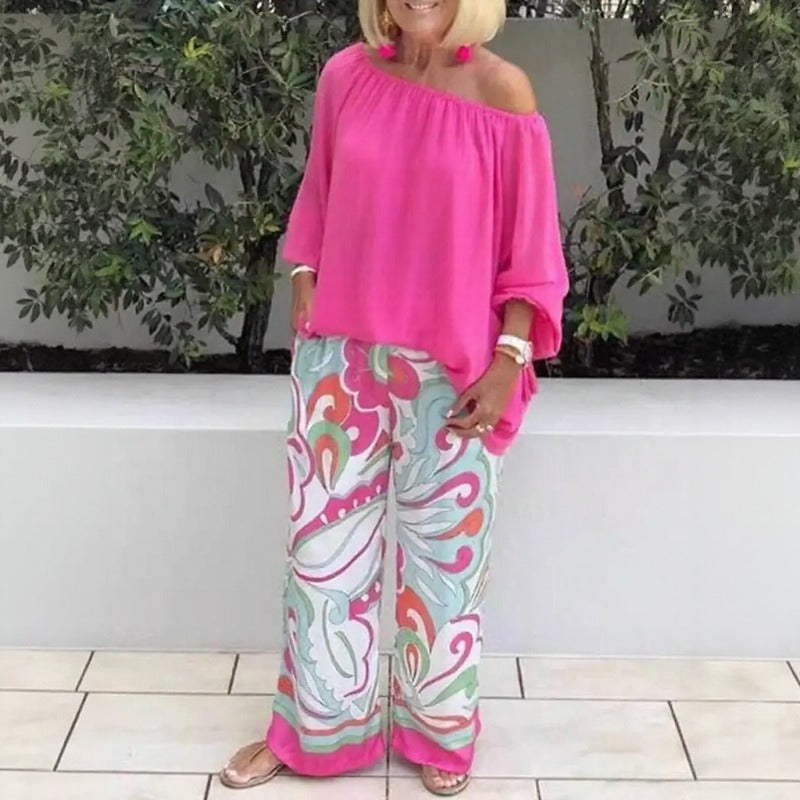 Conjunto Azzura™ Com Blusa Ombro A Ombro e Calça Pantalona Estampada / Elegância Sem Esforço Para Dias Quentes