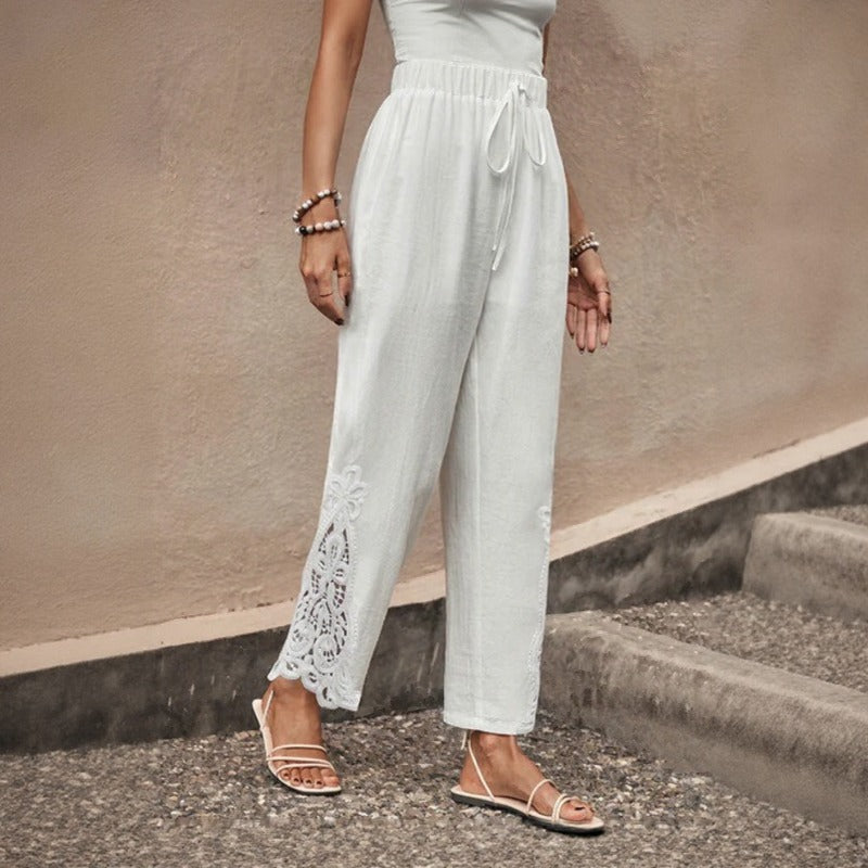 Calça Vionna™ em Linho de Algodão Com Bordado Vazado Na Barra E Caimento Leve / Elegância Casual Sem Apertar