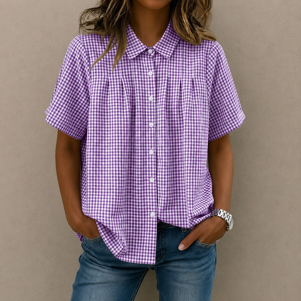 Camisa Lisette™ com Estampa Xadrez, Pregas Frontais e Modelagem Ampla / Um Visual Leve Com Elegância Casual.