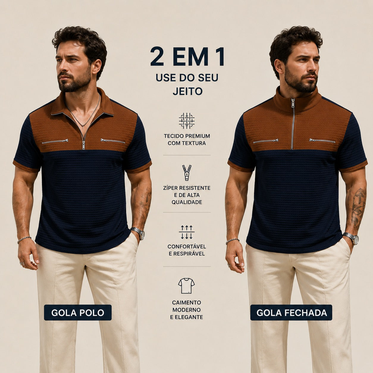 Camisa Axton™ com Gola Zíper e Estilo Moderno
