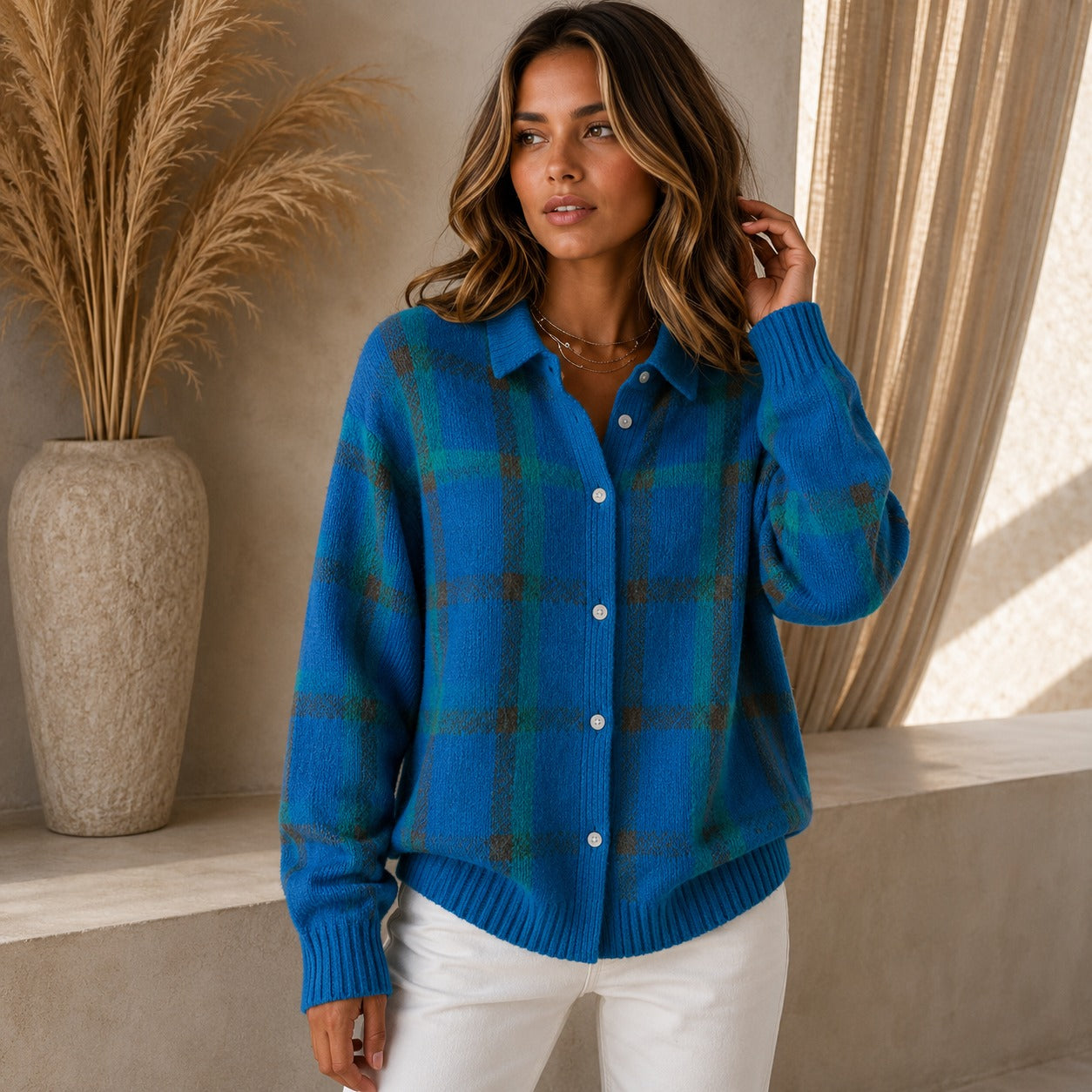 Cardigan Saint Claire™ em Tricô Premium com Estampa Xadrez