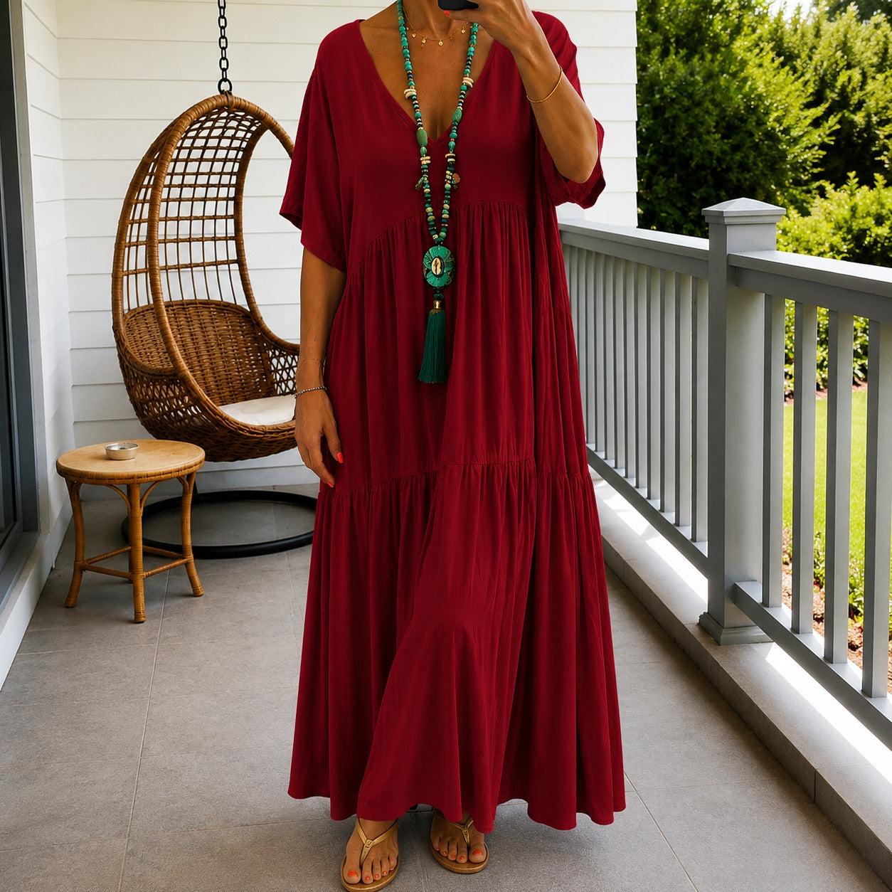 Vestido Liorenna™ em Linho de Algodão com Modelagem Solta e Decote V