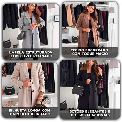 Casaco Annelise™ com Lapela Estruturada e Silhueta Alongada / Elegância Imponente para a Mulher que Marca o Espaço ao Entrar!
