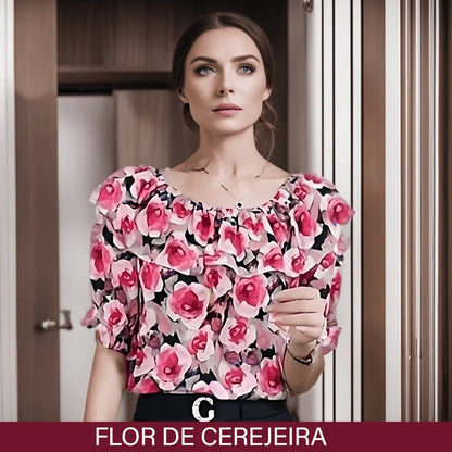 (Promoção Compre 1 Leve 2) Blusinha Ingrid™ com Babado e Mangas Bufantes /  O Charme do Chiffon para um Verão Sofisticado!