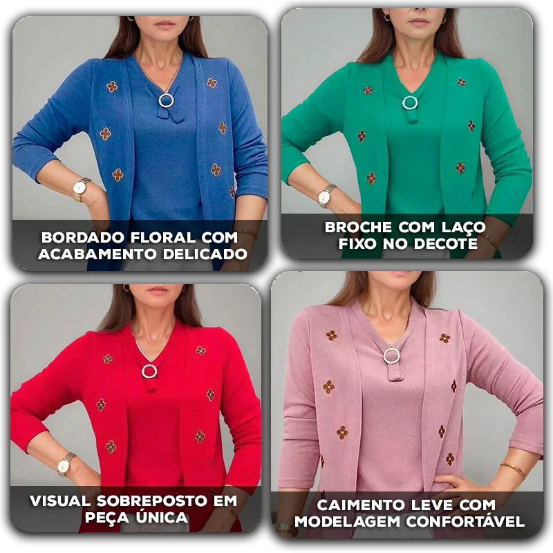 [COMPRE 1 E LEVE 2] Blusinha Cardigan Cécile™ com Efeito Sobreposto e Aplique Floral / Elegância Francesa para Mulheres de Bom Gosto!