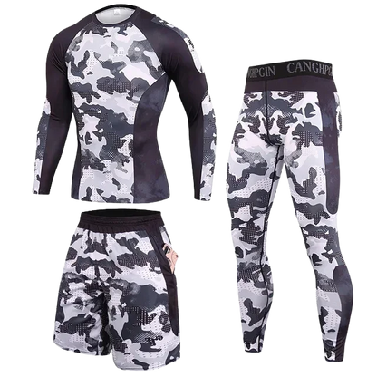 Conjunto Esportivo IronMan™ com Camiseta, Calça e Shorts de Compressão / Performance Máxima e Estilo Militar para Treinos Sem Limites!