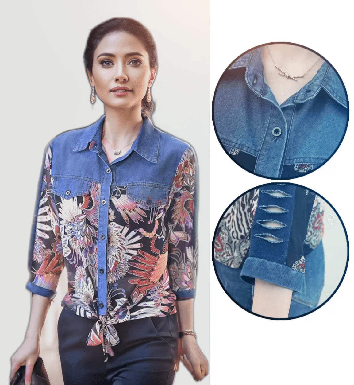 Camisa Jeans Retro Isabella™ com Estampas Estilo Barroco / Charme, Beleza e Conforto Para Deixa Qualquer Mulher Apaixonada!
