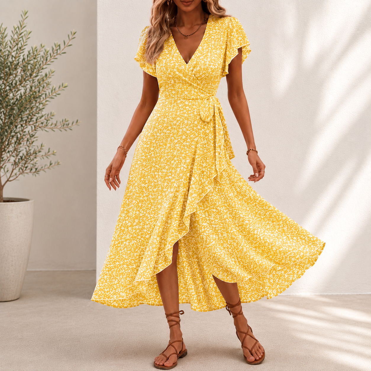 Vestido Midi Floris™ Com Estampa Floral, Saia Evasê Transpassada e Decote em V