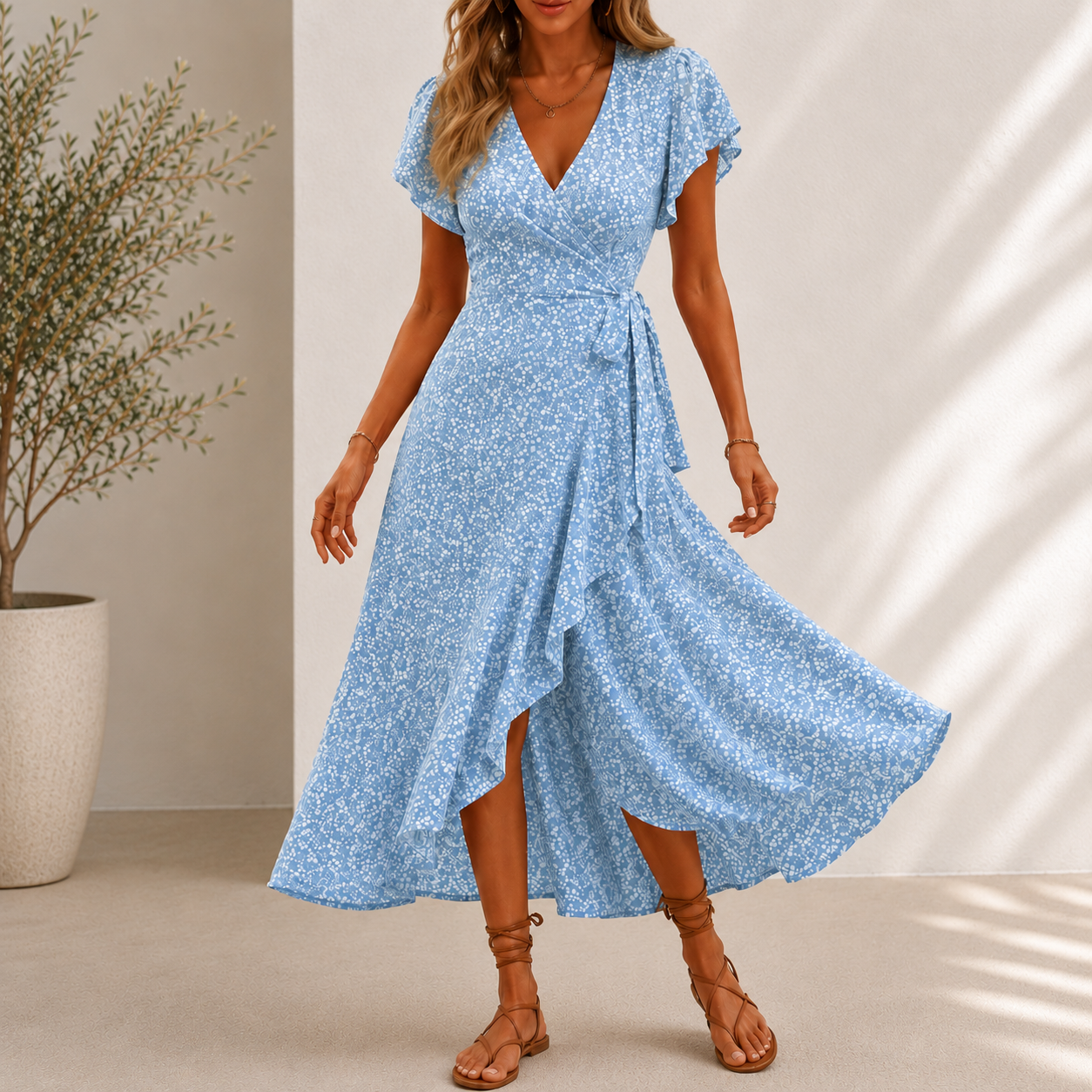 Vestido Midi Floris™ Com Estampa Floral, Saia Evasê Transpassada e Decote em V