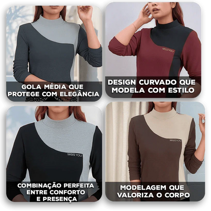 Blusa Cristina™ com Estampa Curva Bicolor e Tecido Térmico / Visual Impecável com Aconchego!