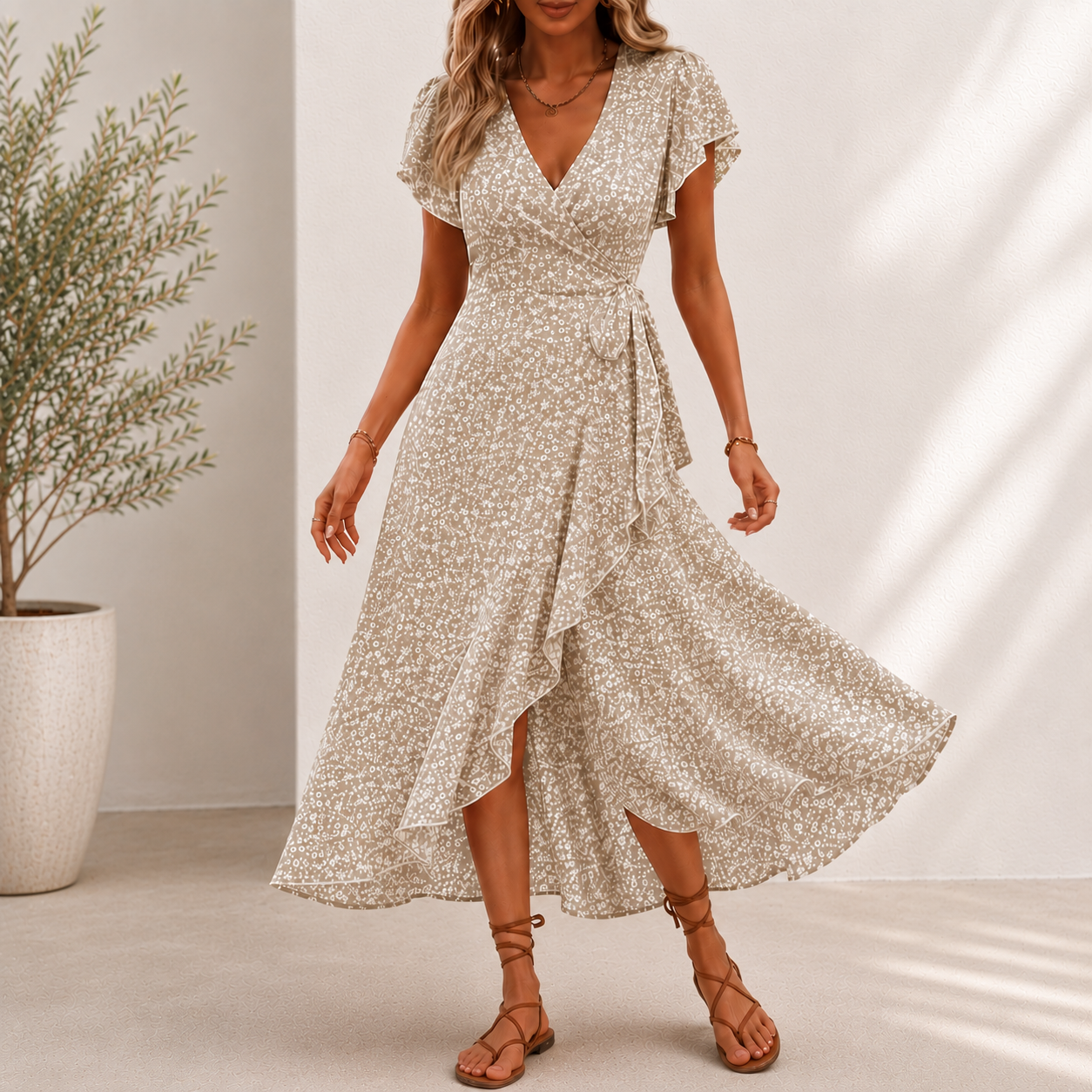 Vestido Midi Floris™ Com Estampa Floral, Saia Evasê Transpassada e Decote em V