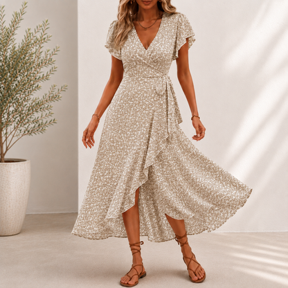 Vestido Midi Floris™ Com Estampa Floral, Saia Evasê Transpassada e Decote em V