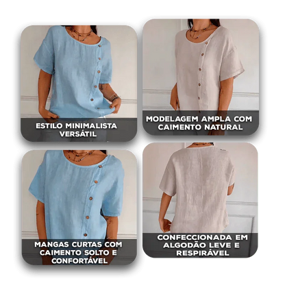 Blusa Amora™ em Algodão Leve com Botões Laterais / Toque Natural, Caimento Solto e Estilo Sem Esforço!