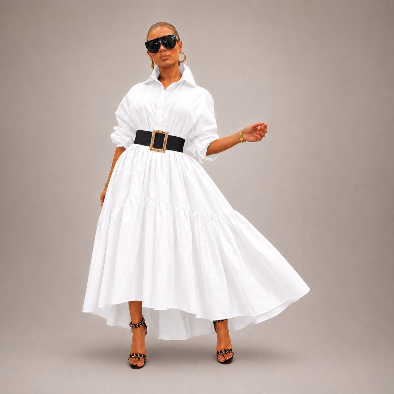Vestido Midi Lorenne™ Com Modelagem Evasê e Saia em Camadas