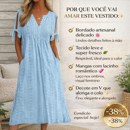 Vestido Mirielle™ com Bordado Artesanal Delicado e Mangas Laço / O Look Perfeito para Dias de Sol e Leveza!