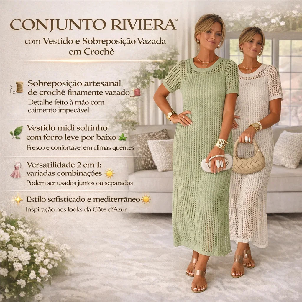 Conjunto Riviera™ com Vestido e Sobreposição Vazada em Crochê / A elegância que Você Merece esta Aqui!