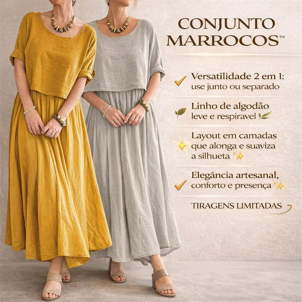 Conjunto Marrocos™ em Linho de Algodão com Camadas de Estilo / Duas Peças, Um Charme que Rompe Fronteiras!