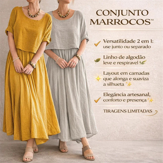 Conjunto Marrocos™ em Linho de Algodão com Camadas de Estilo / Duas Peças, Um Charme que Rompe Fronteiras!