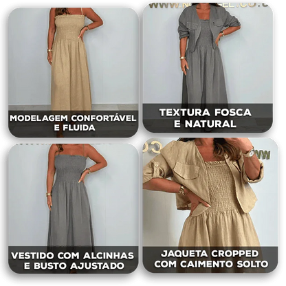 Conjunto Anelise™ com Jaqueta Cropped e Vestido Minimalista / O Básico bem Feito que Exala Bom Gosto!