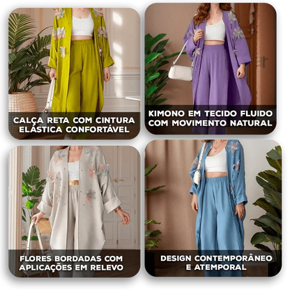 Conjunto Botanika™ com Kimono Bordado e Calça Fluida / Arte, Leveza e Estilo para Quem Vive em Harmonia com o Belo