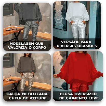 Conjunto Eclipse™ Blusa Oversized e Calça Metalizada / Estilo Urbano com Toque de Glamour!