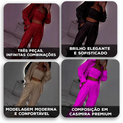 Conjunto Midnight™ com Pantalona, Top e Camisa Brilhante / O Glamour Moderno em Movimento!