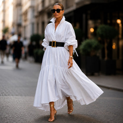 Vestido Midi Lorenne™ Com Modelagem Evasê e Saia em Camadas