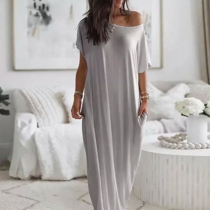 Vestido Longo Daphne™ com Decote Amplo e Bolsos Laterais