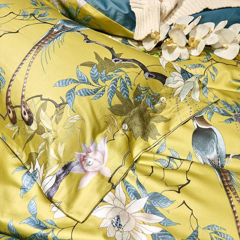 Conjunto de Roupas de Cama Pássaros Japoneses em Algodão Egípcio 600 Fios - 4 Peças